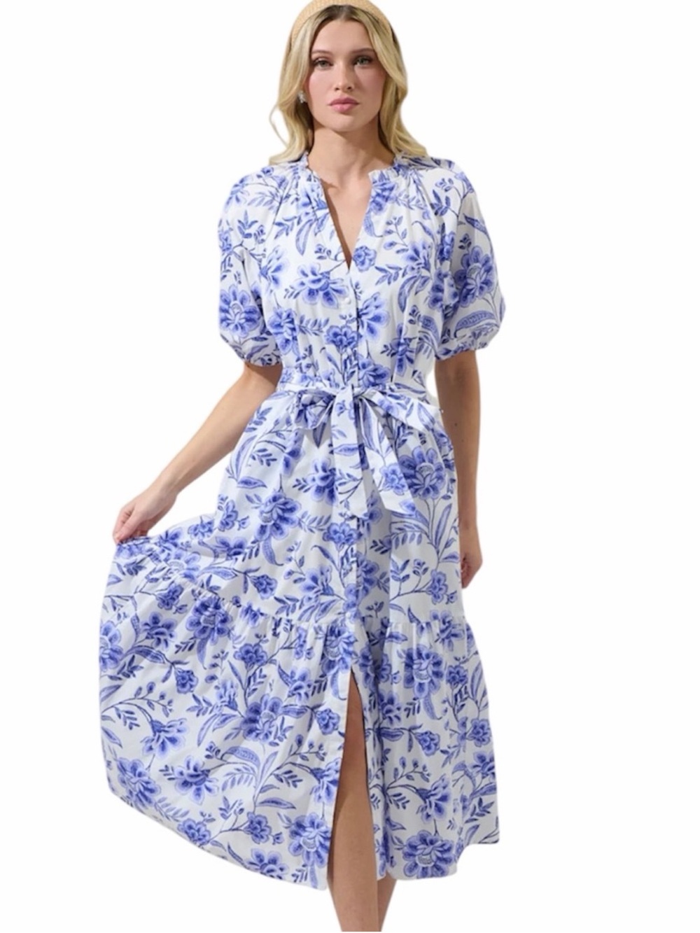Blue Floral Puff-Sleeve Midi Dress with Tie Waist